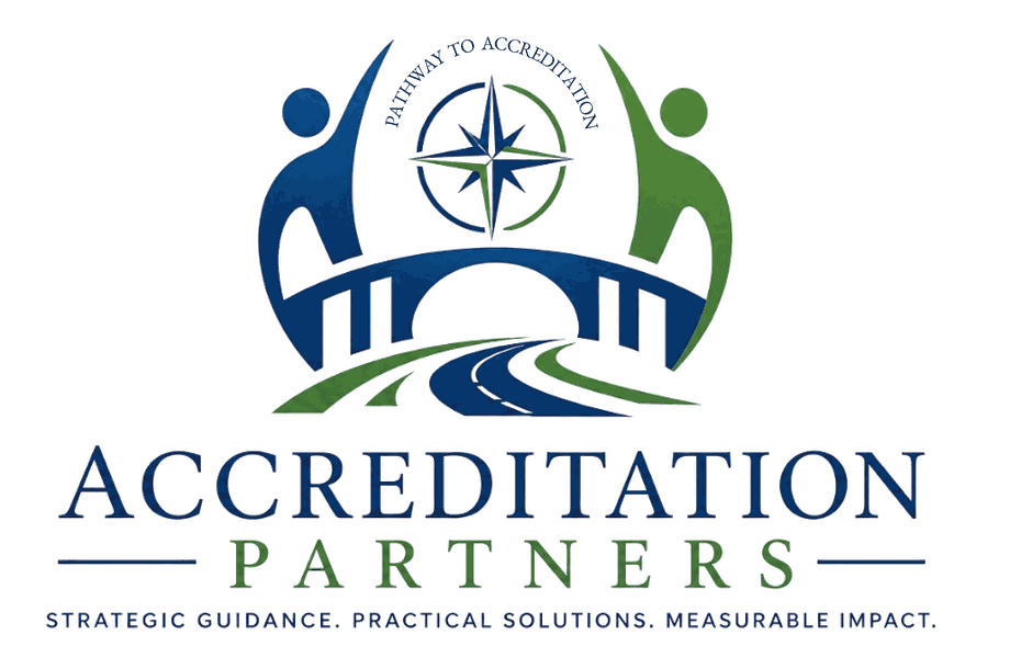 Accreditation Partners logo: two figures joined over a bridge beneath a compass rose reading Pathway to Accreditation